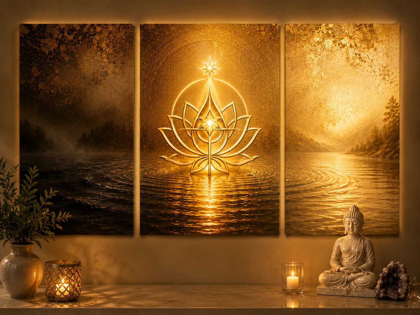 Arany lótusz és fényjel egy meditatív enteriőrben