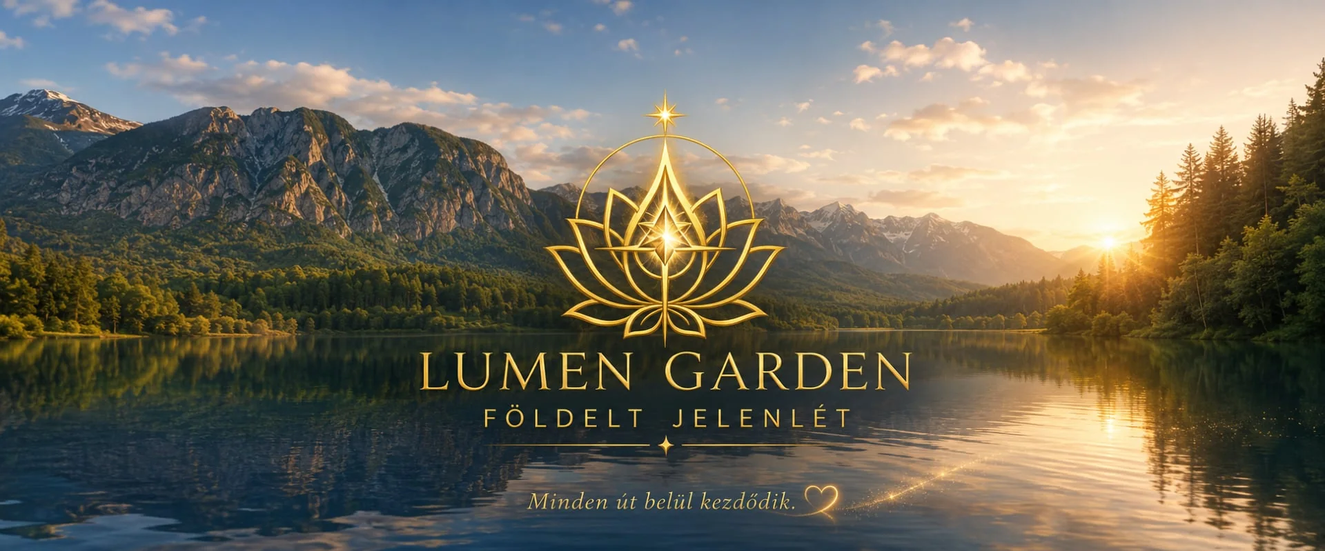 Lumen Garden – Földelt jelenlét, napfényes hegyvidéki tó és arany lótusz embléma
